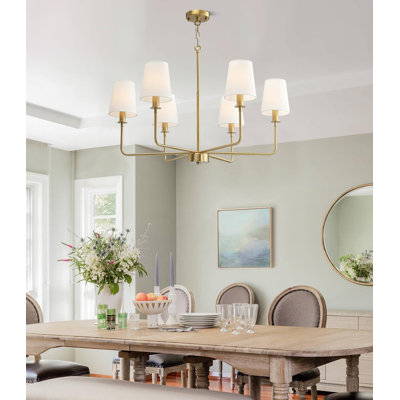 Lustre 6 lumières de style maison de campagne avec abat-jour en lin, plafonnier industriel au fini doré brossé pour îlot de cuisine, salle à manger, vestibule, décor rustique et moderne