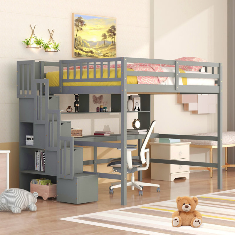 Lit mezzanine en bois massif pour enfants avec bureau intégré et tablettes, gris