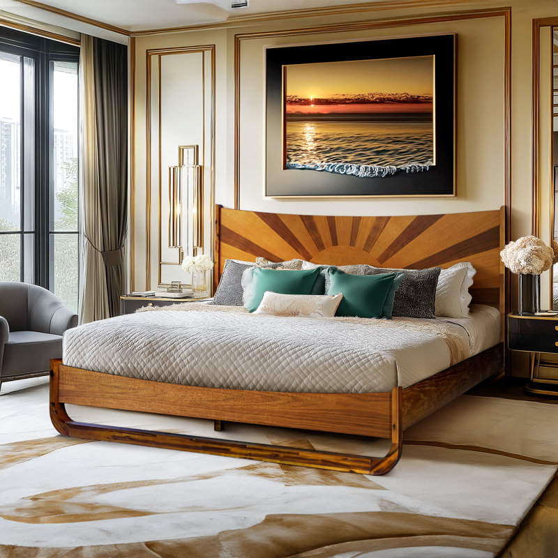 Sunset Solid Wood Bed Frame Solid Wood Bed Frame with Artistic Patterned Headboard, Mid-Century Art Deco Design, Caramel