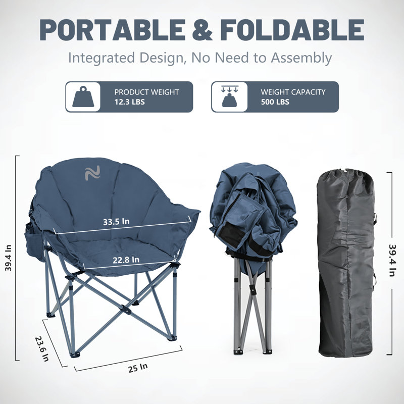 Chaise de camping surdimensionnée Shabrie, chaise pliante entièrement rembourrée avec soucoupe lune, Bleu