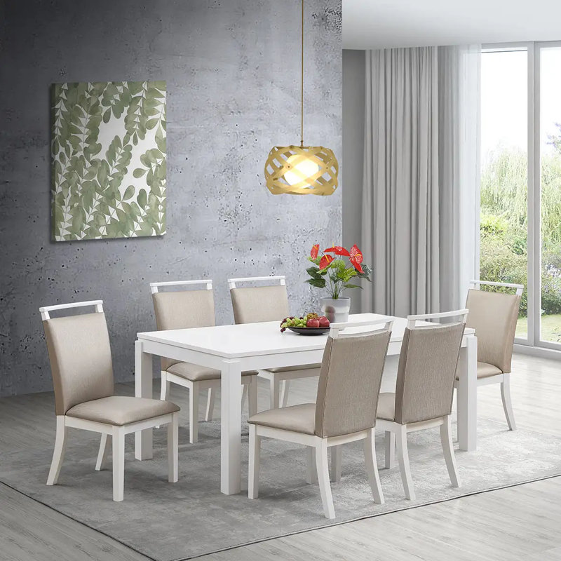 Modern Dining Set with a Rectangular Table and 6 Chairs, White, White