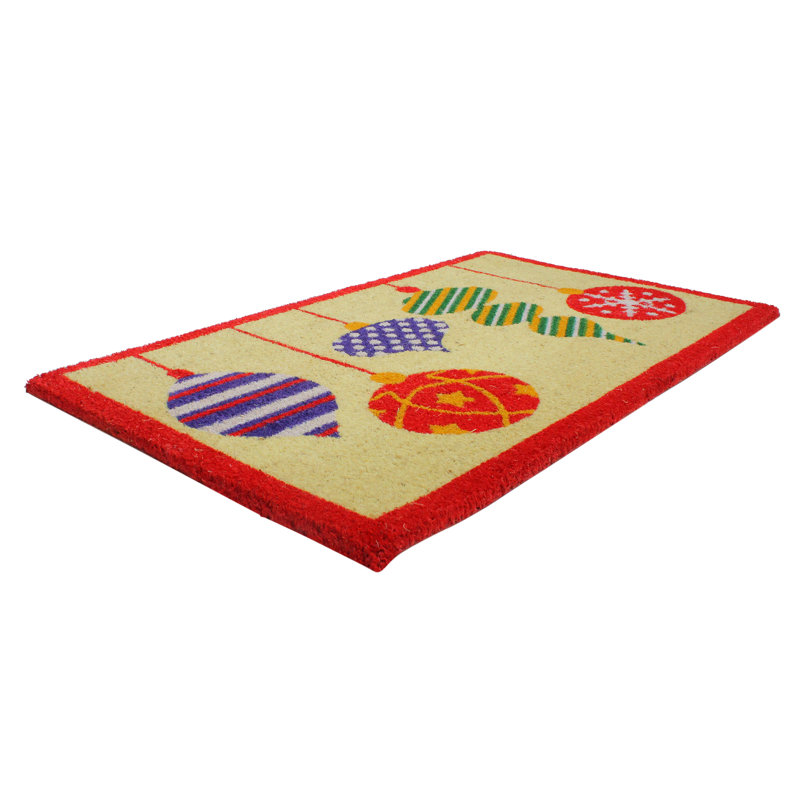 Brightly Colored Mixed Christmas Ornaments Doormat with Red Border 30" x 18"