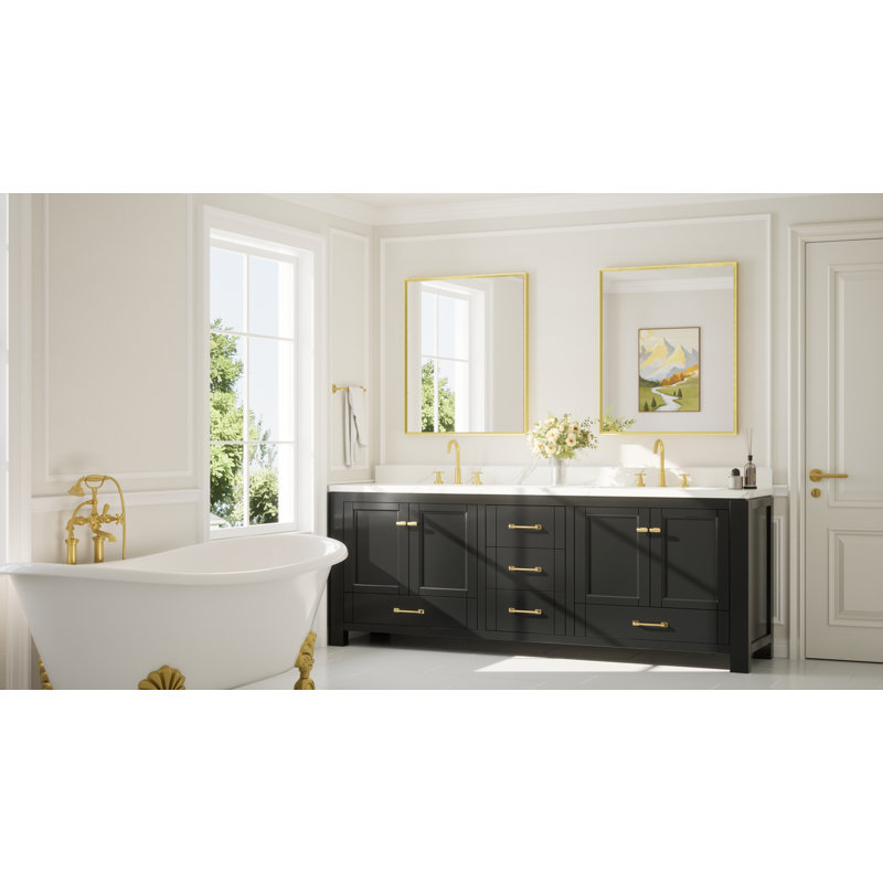 Miroir de salle de bain avec cadre en aluminium et verre trempé, 36 po x 30 po, Or brossé, Rectangulaire