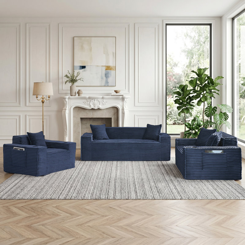 Ensemble de salon 3 pièces moderne sans os avec causeuse, fauteuil et canapé, Bleu
