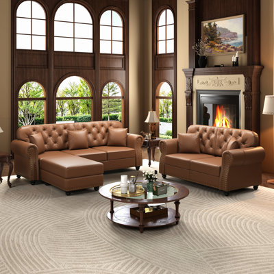Mid-Century Modern 3-Piece Faux Leather Living Room Sets With Ottoman, Modern Chesterfield Sofa With Nailhead Trim And Button Tufted