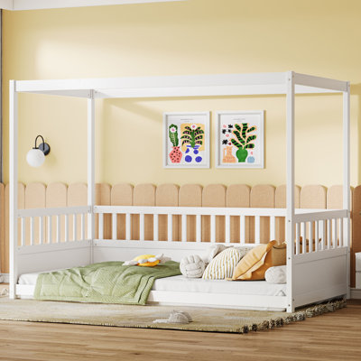 Cadre de lit à baldaquin en bois pour enfants avec garde-corps, lit à baldaquin Montessori pour filles, blanc