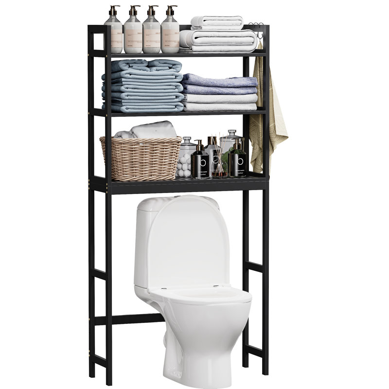Rangement au-dessus de la toilette en bambou avec 3 crochets et 3 tablettes ouvertes, Noir mat