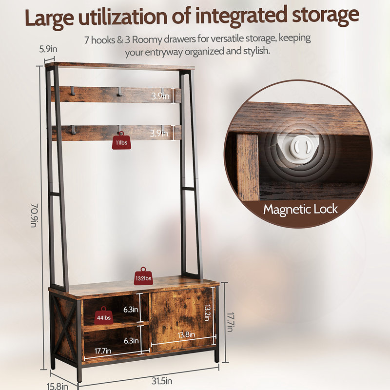 Hall Tree With Bench And Shoe Storage, Coat Rack With Shoe Storage, Wood Look, Coat Rack With Bench, Industrial Style, Large 6 Hooks, 31.5" X 15.8" X 71" Retro Brown Color