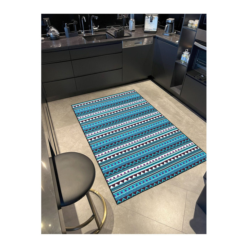 Blue Triangular Striped Geometric Woven Base Decorative Washable Rug, Rectangle 4'7" x 6'7" Rug Pad Included
