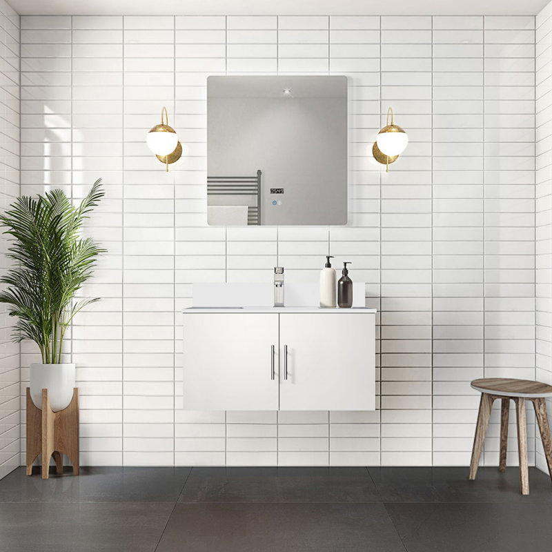 36 po X P 22 po D Meuble-lavabo de salle de bain 2 portes avec comptoir en quartz blanc, Blanc lustré, 36", Blanc