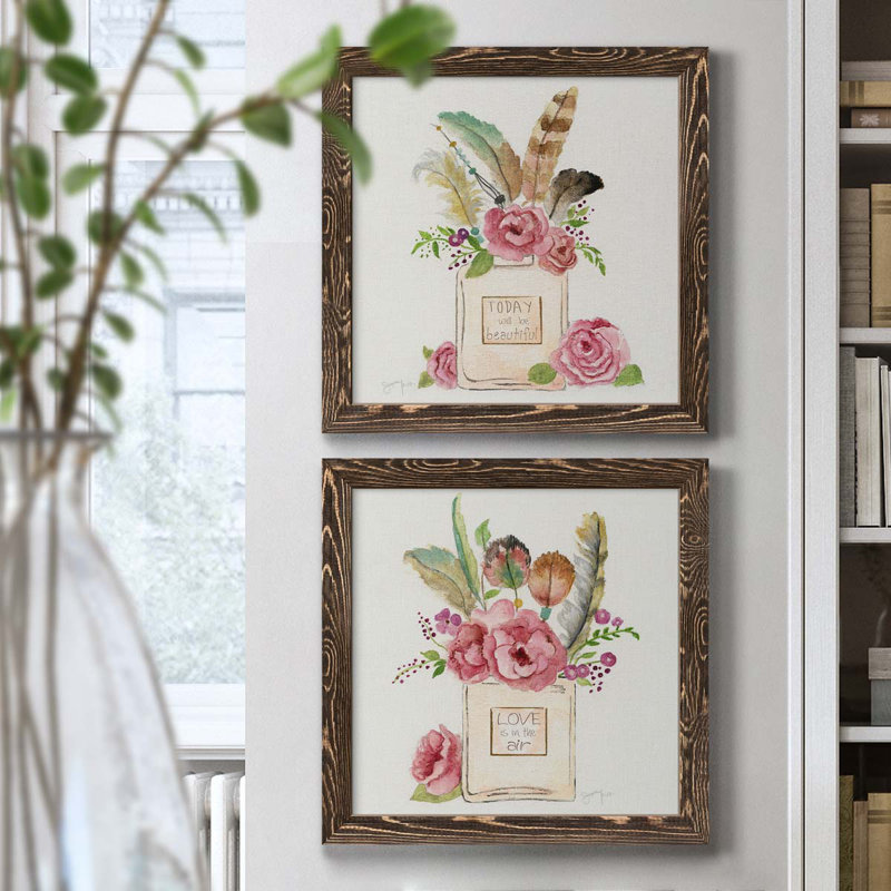 Boho Bouquet I - ensemble de 2 peintures sur toile encadrées, Encadré de bois de noyer, H 17 po x l 34 po x P 1,5 po