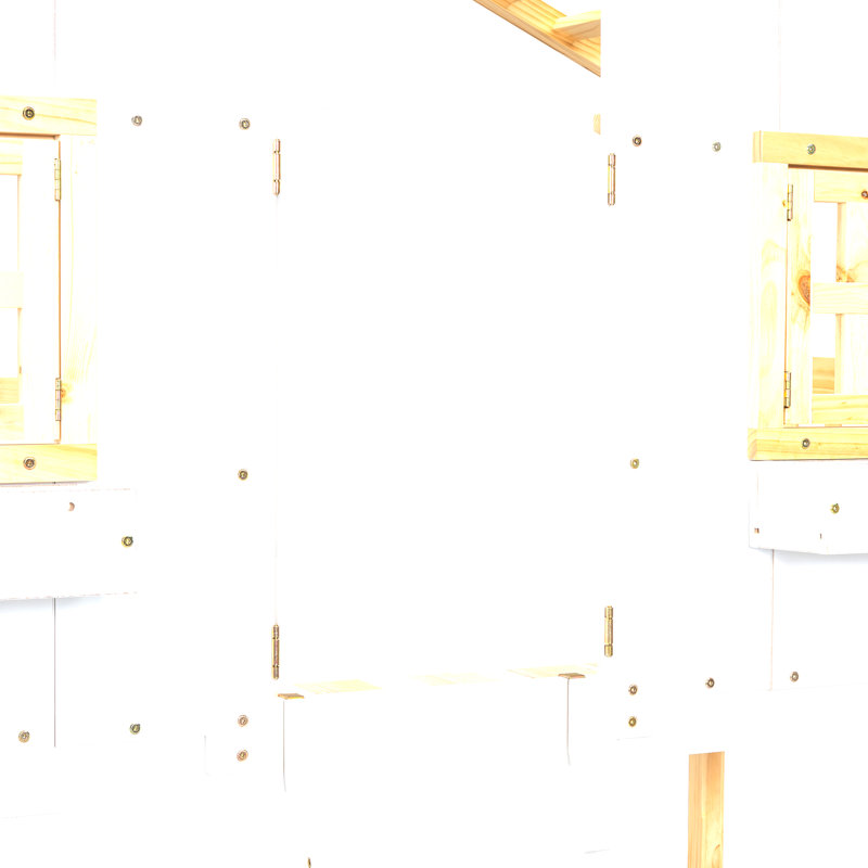 Lit superposé simple au dessus d'un lit simple avec toit, fenêtre, boîte de fenêtre, porte, avec garde-corps et échelle, naturel / blanc