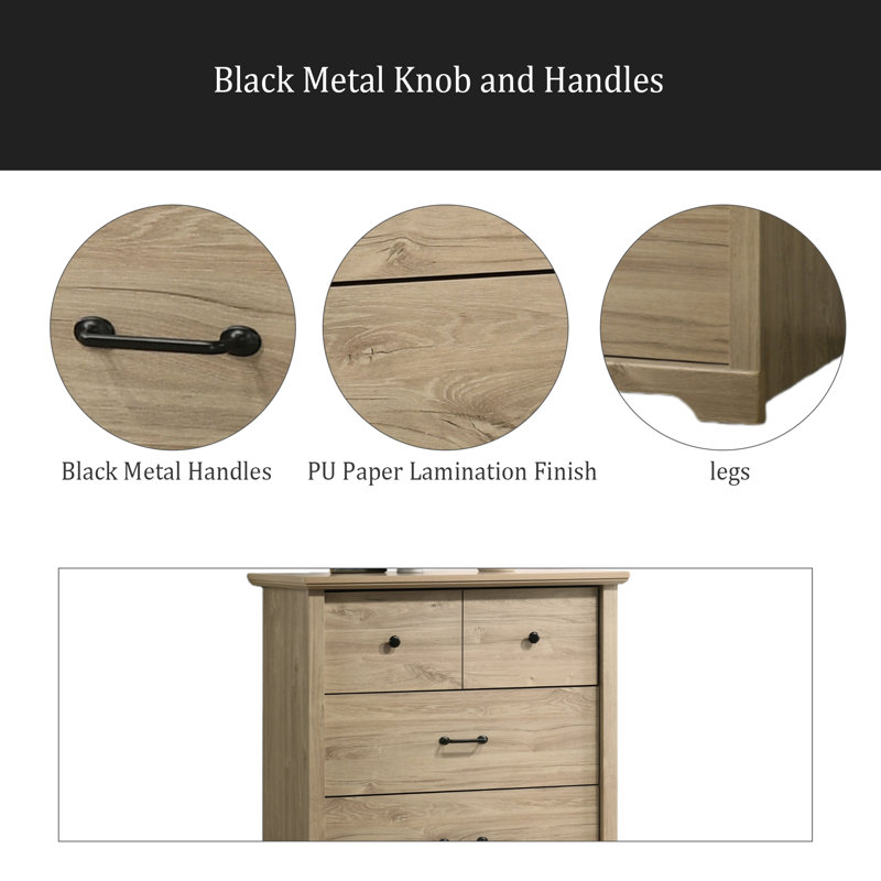 Commode à tiroirs l 32 po avec poignées noires, Chêne clair