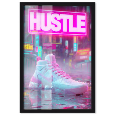 Neon City Rain Sneaker, impression murale Sneaker par Art Remedy, cadre noir, 37 x 55