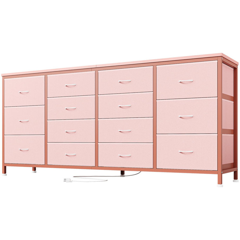  Long 14 Drawer Dresser TV Console, Power Outlets, 63” Storage Chest for Bedroom, Pink