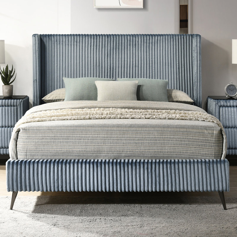 Queen Bed, Blue - Attractive Wide Wale Corduroy Upholstery, Elegant Wing Back Headboard, 4 Wooden Slats Bed Contemporary Design With Headboard And