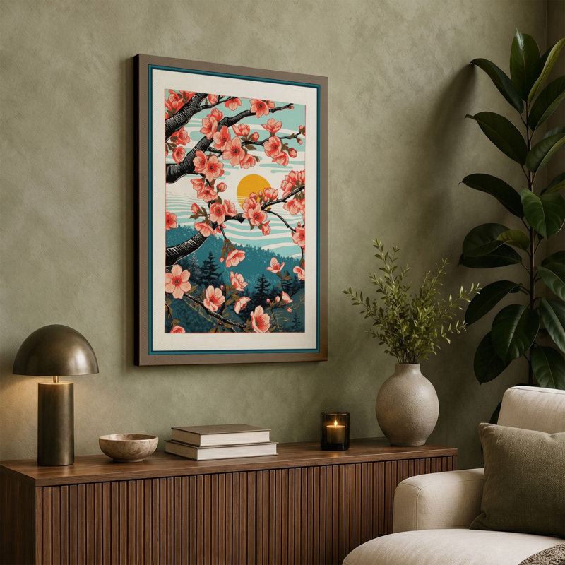 Blossoms Over Water Botanical - Wrapped Canvas, 36x24 - 91.4 x 61.0 cm, Teal Border