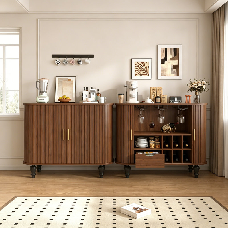 Armoire à boissons cannelée pour boissons alcoolisées et café avec 6 casiers à vin et 3 porte-verres, design moderne Mid-Century avec grand tiroir de rangement et compartiments cachés