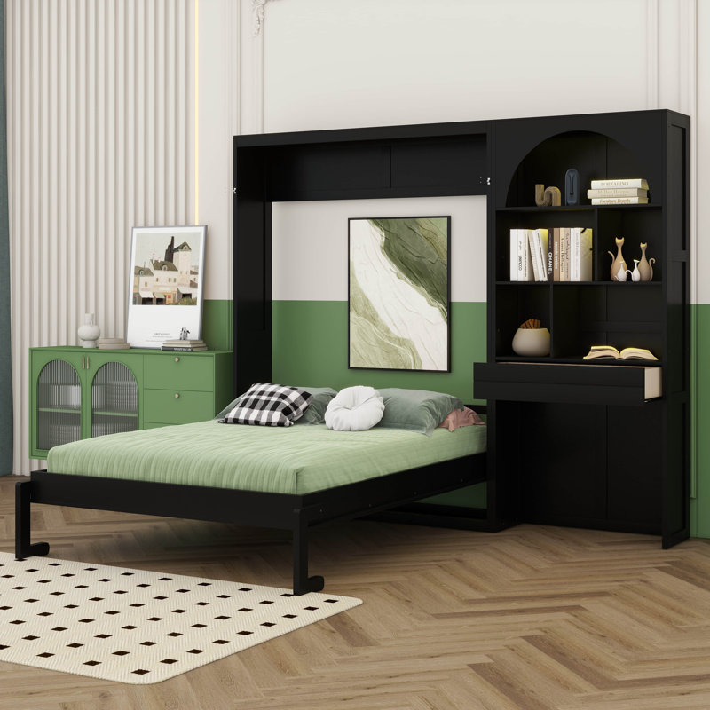 Queen Murphy Wall Bed Frame with Side Cabinets, Drawer & LED,Vertical Murphy Bed Cabinet, Saving Space Wall Bed Cabinet with Storage