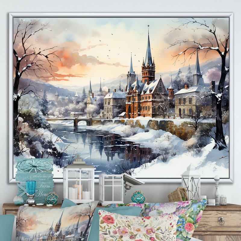 «Wonderful Castle Winter At Christmas - Winter Landscape», art mural, Cadre flottant blanc, H 24 po x l 32 po x P 1 po