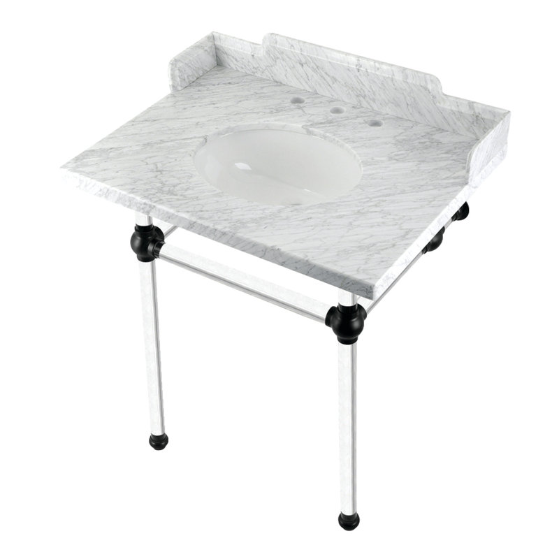 Kingston Brass Pemberton 30-Inch Carrara Marble Console Sink with Acrylic Legs (8-Inch, 3-Hole), Marble White/Matte Black