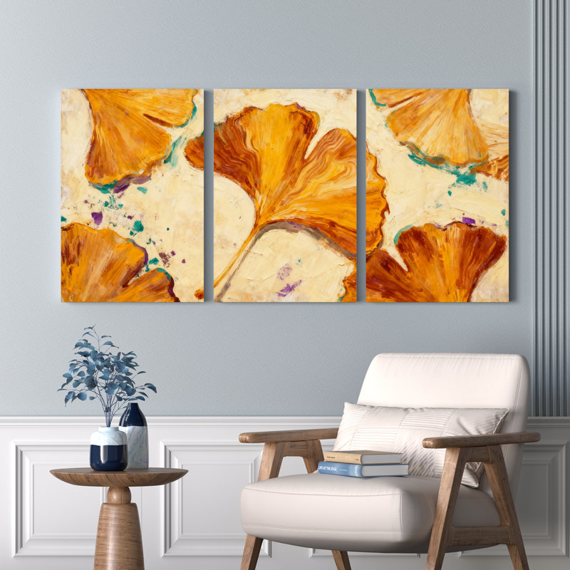 Tableau abstrait sur toile tendue, motif feuille de ginkgo, décoration automnale moderne (paquet de 3), H 30 po x l 60 po