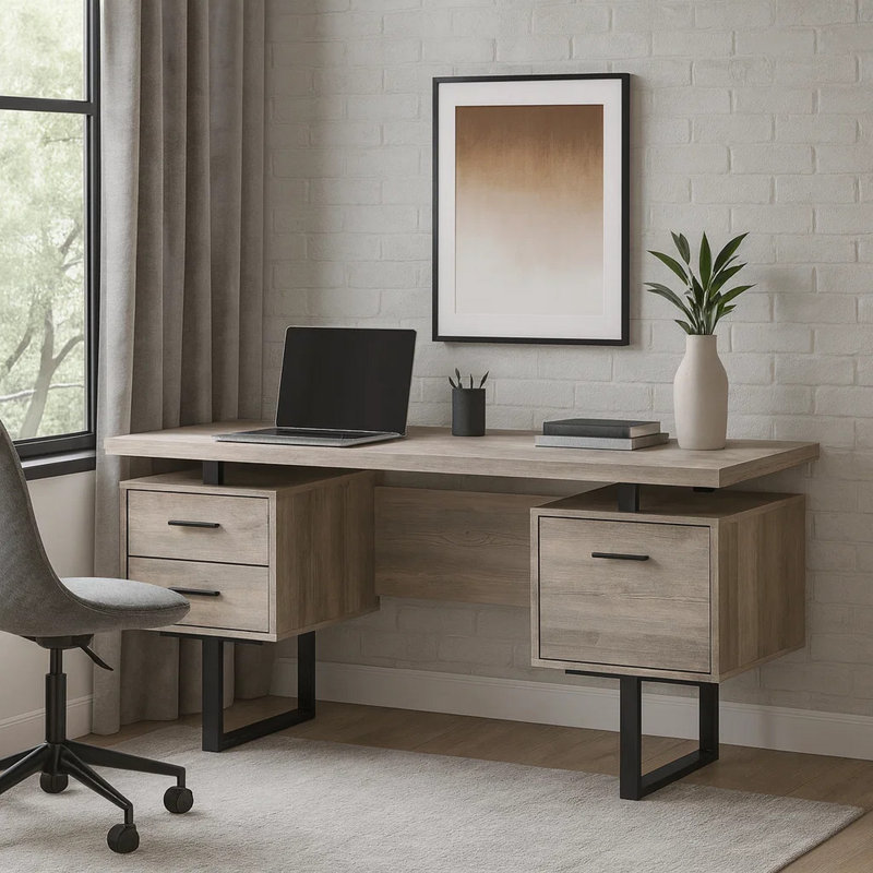 Bansilal Computer Desk, Home Office, Laptop, Left, Right Set-Up, Storage Drawers, 60"L, Metal, Laminate, Taupe/Black