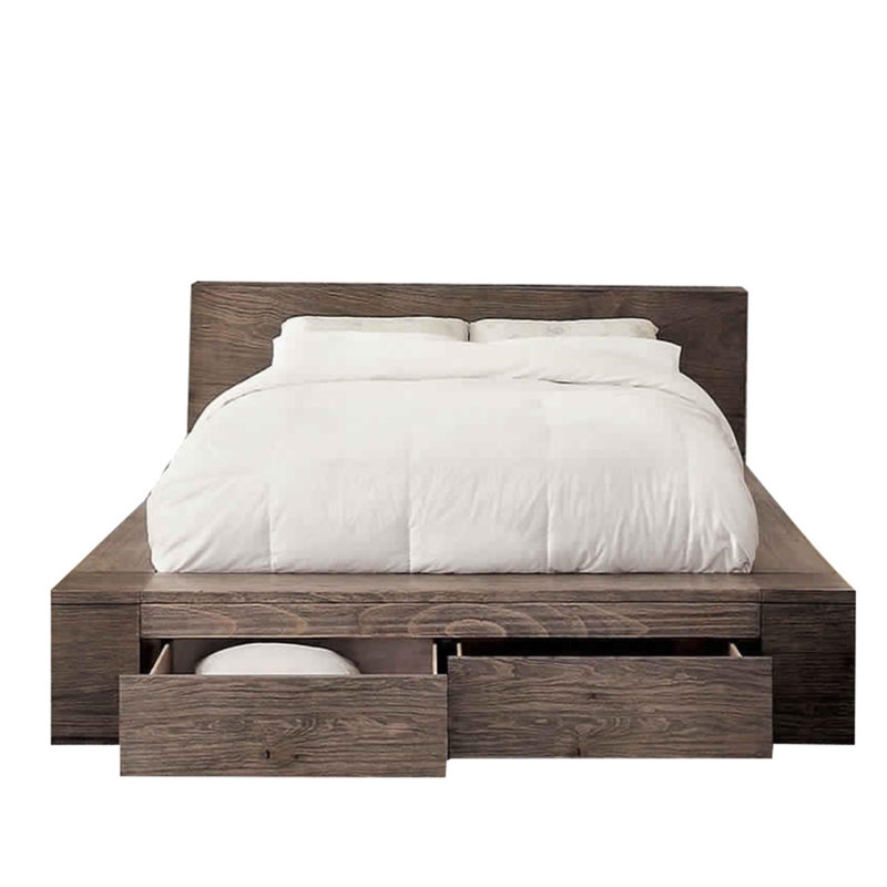 Lit plateforme avec rangement en bois massif Bernardino, Brun, Très grand californien