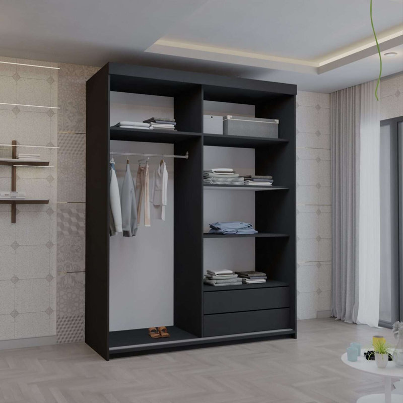2 Door Laminate Wardrobe, Black, 216cm H x 150cm W x 62cm D