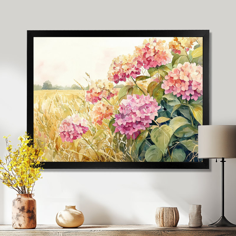 Paysage d'hortensias dans le champ de maïs - hydrangées, art mural, Noir, H 16 po x l 32 po, Picture Framed
