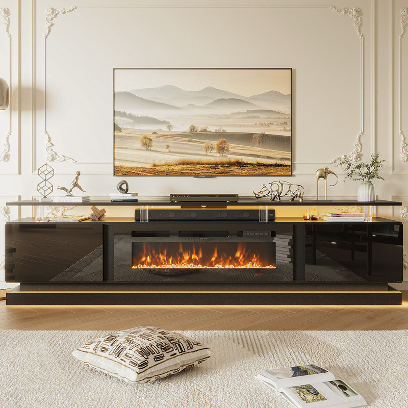 TV Stand With Fireplace, 61" H x 203" W x 35" D, Black