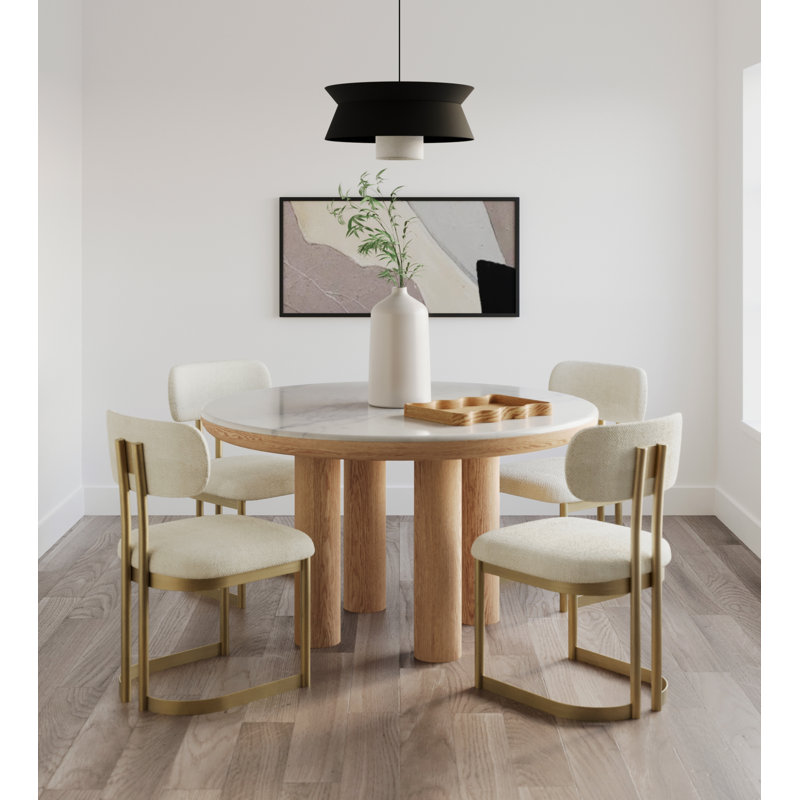 Round White Marble Top Dining Table with Solid Wood Base
