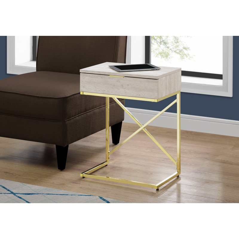 Table de bout contemporaine avec plateau en marbre et tiroir de rangement, Doré, Beige