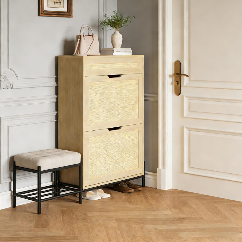 Freestanding Rattan Shoe Cabinet with 2 Fold-Down Drawers for Entryway, Hallway, Natural Wood