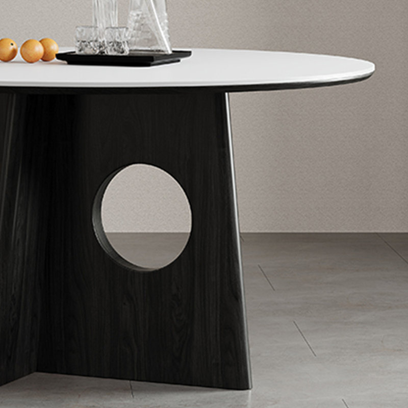 Hollow solid wood table legs round dining table, 29.5"H x 53.1"L x 53.1"W, White/Black