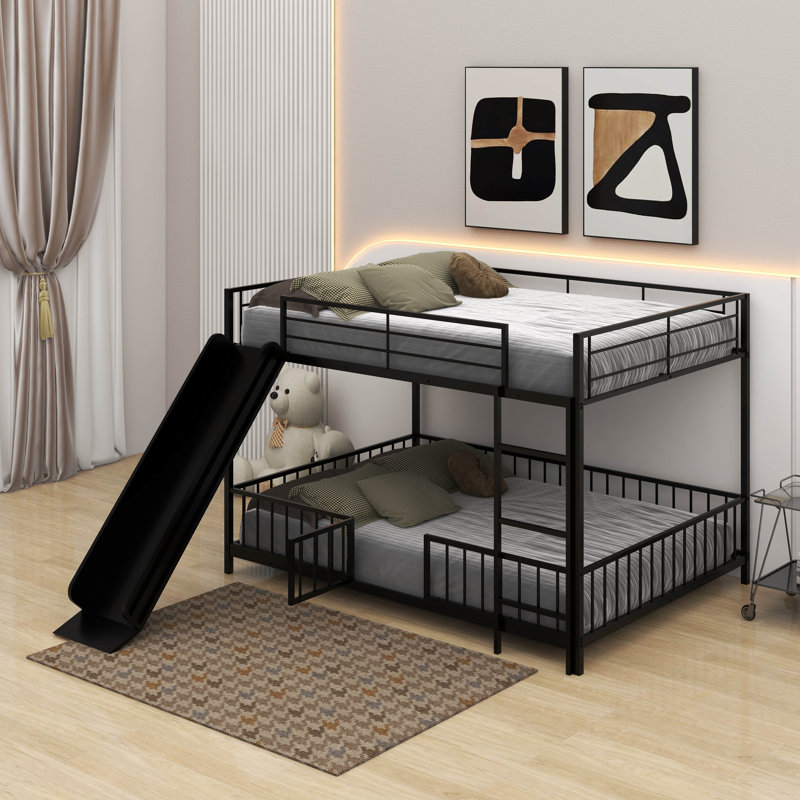 Metal Bunk Bed With Slide And Guardrails, Full Over Full, Black