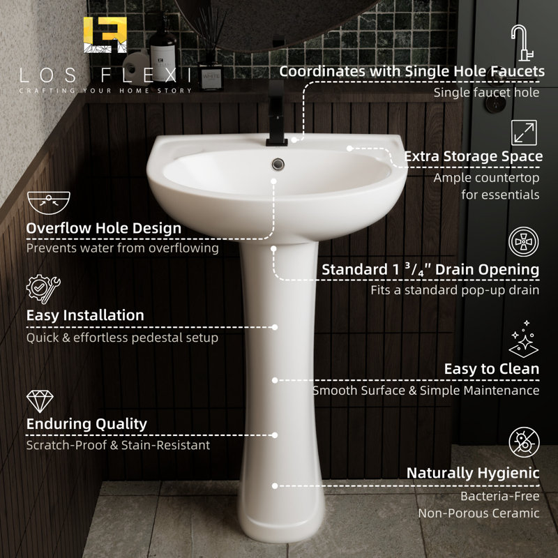 Los Flexi 20-Inch Pedestal Sink Combo, Overflow & 1 Faucet Hole, Ideal for Small Bathrooms