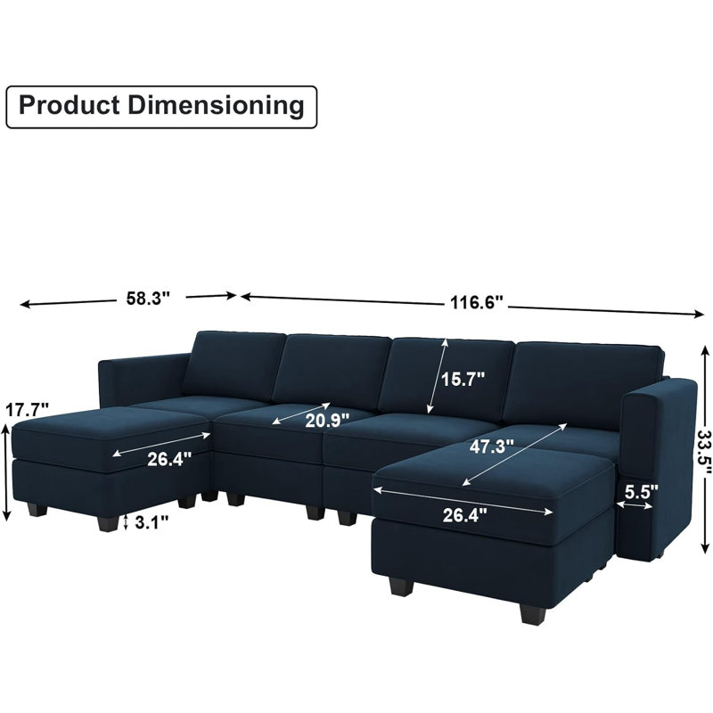 Modular Sectional Sofa U Shaped Velvet Couch with Reversible Chaise Oversized Couch with Ottoman Blue