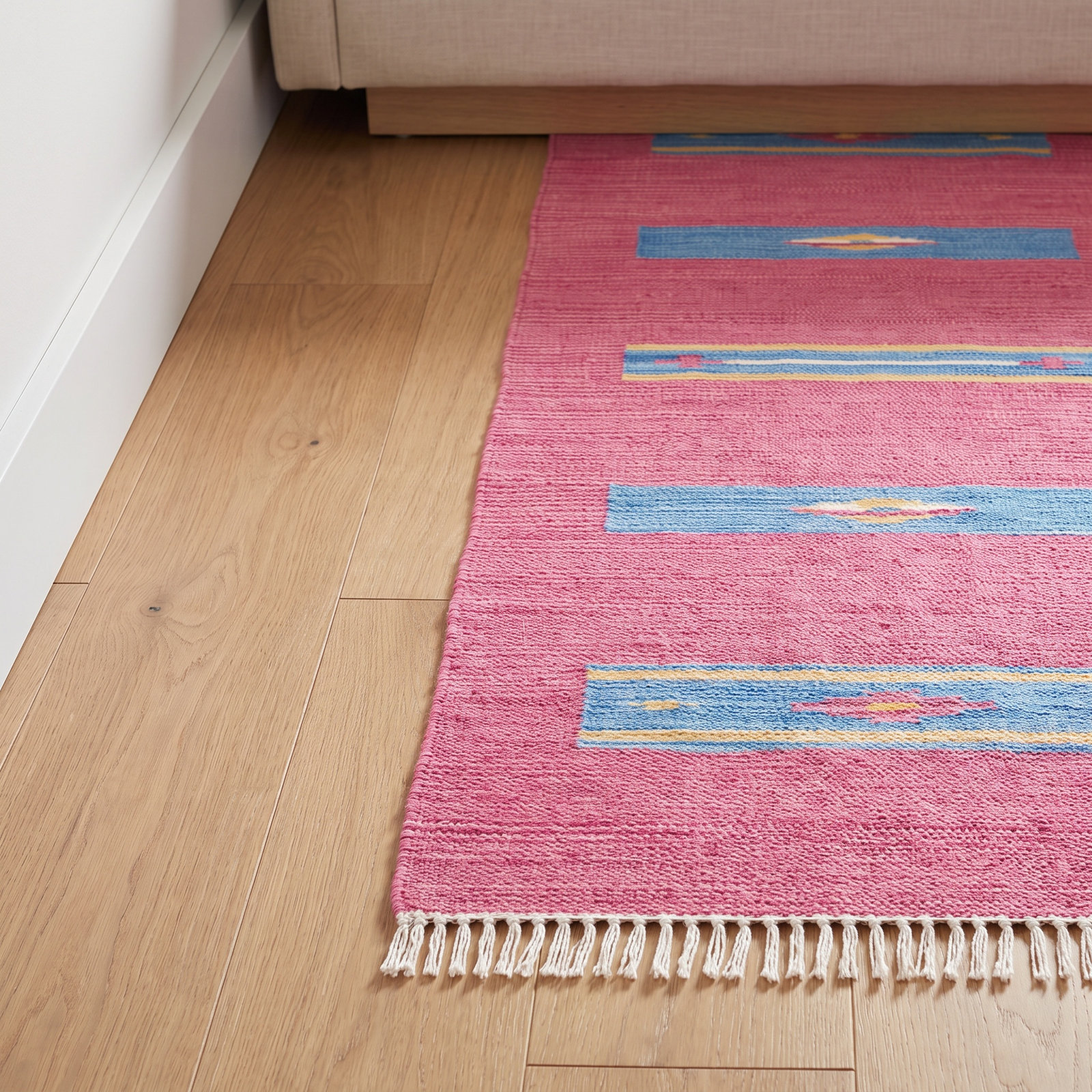 Danely Pink Blue Yellow Flatweave Cotton Rug, Runner 2'3" x 9'