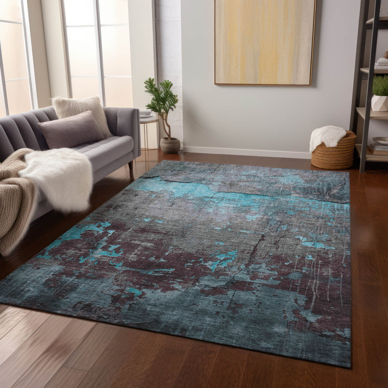 Tapis bleu sarcelle lavable à la machine intérieur / extérieur Xhevrie, Rectangulaire 3 pi x 5 pi