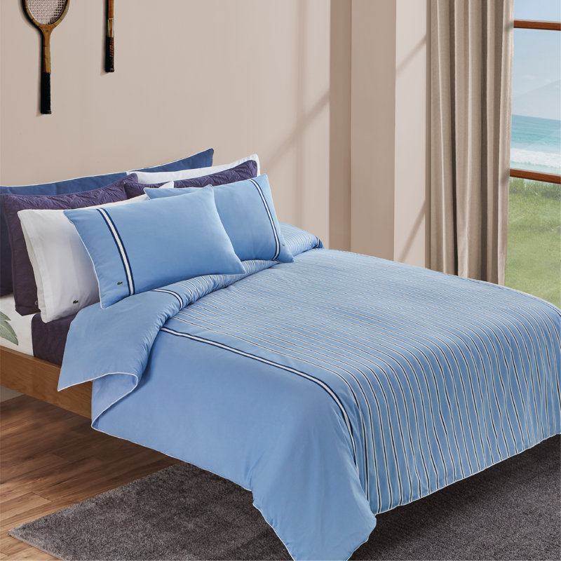Ensemble d'édredon en coton Lacoste, Édredon simple et 1 taie décorative, Bleu / rayures Hollis