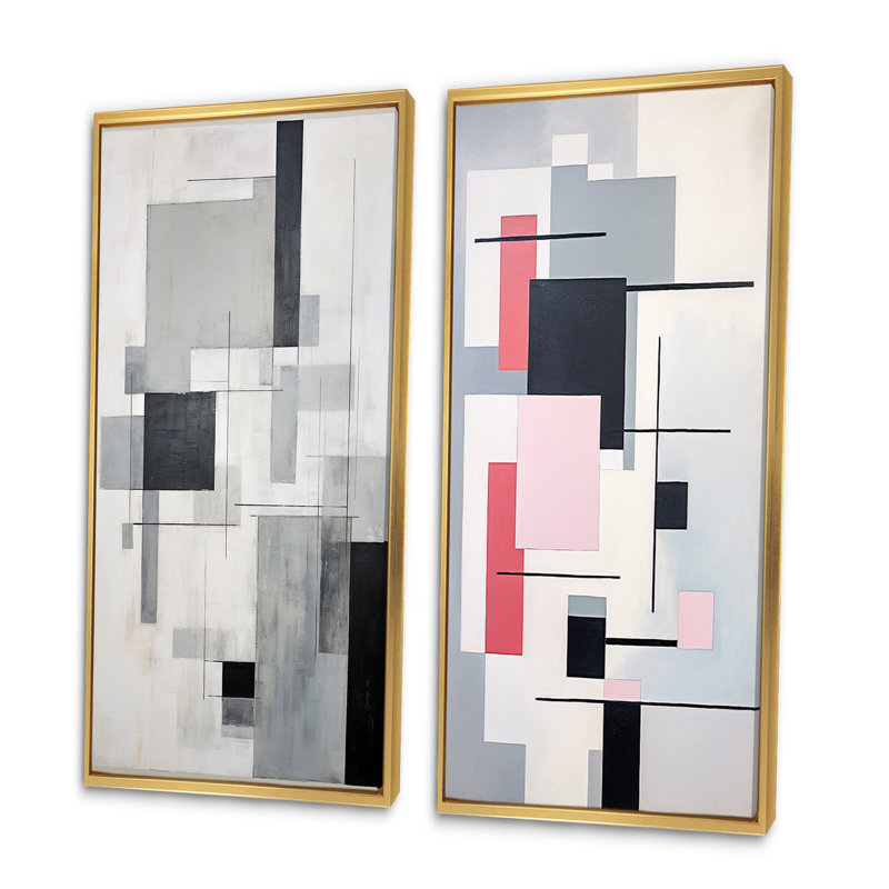 «Suprematism Geometric Serenity», 2 pièces, Encadrement doré, H 24 po x l 20 po