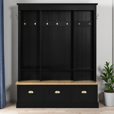Elegant APP Controlled LED Light Hall Tree With 9 Hooks, Roman Column Design Natural Storage Bench With 3 Large Cabinets, Farmhouse Entryway Organizer With Shelves For Hallway