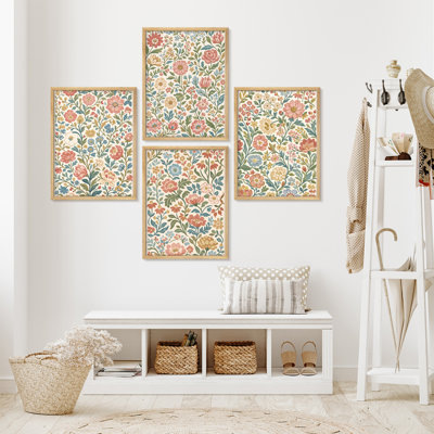 Ensemble de 4 reproductions d'art mural rétro à motif floral rétro - Design botanique décoratif classique pour le salon, la chambre à coucher