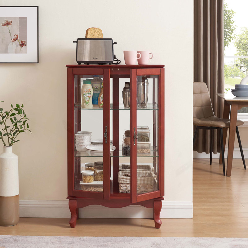 2 Doors Curio Cabinet with Tempered Glass Doors, Curio Cabinets with Mirrored Back Panel and Adjustable Shelves, Lighted Display Cabinet for Home, Office Light Bulb Included