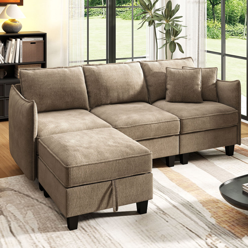 Canapé modulaire rembourré en L en chenille 85,6 po 4 places avec repose-pieds, BROWN