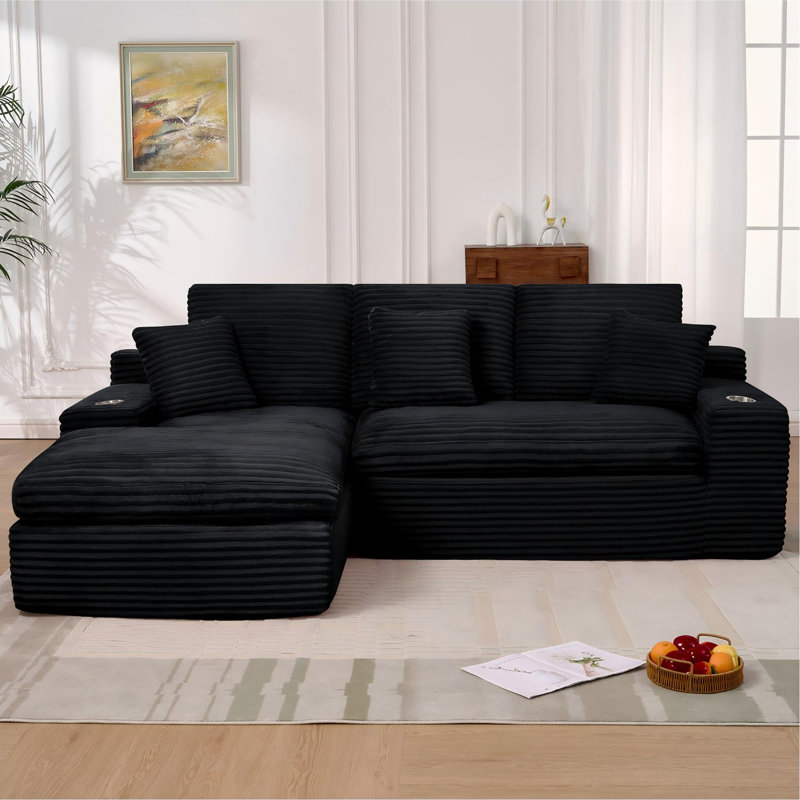 Canapé d'angle Cloud en velours côtelé de 250 cm de large avec porte-gobelets et poches latérales, aucun assemblage requis
