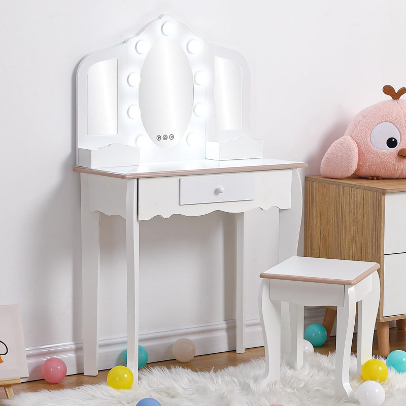 Ensemble de coiffeuse princesse avec lumière tactile et 3 miroirs - coiffeuse et tabouret pour filles, Blanc