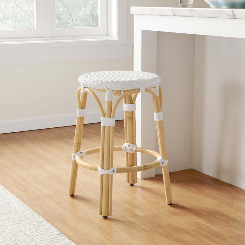 Alastair 24" Rattan Counter Stool - Glossy White/ Natural Rattan Frame, Glossy White/Natural Rattan Frame