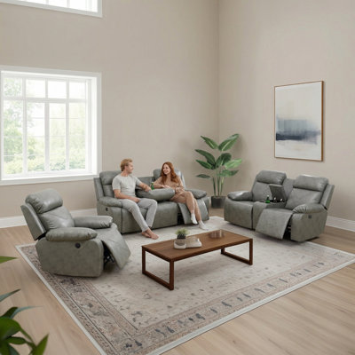 Grey Breathable Leather Recliner Sofa Set 3-Piece, Power Reclining Living Room Furniture With USB Charging, Cup Holders, Storage Console & LED Lights, Overstuffed Cushions For Ultimate Comfort